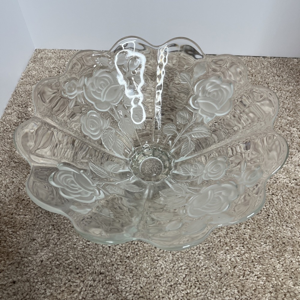 Vintage 1950s Walther Glass Frosted Roses Crystal Rose Bowl With Pedestal Base